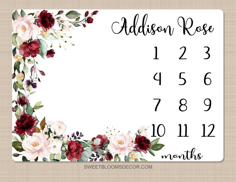 Floral Red Roses Milestone Blanket, Personalized Floral Monthly Growth Blanket Watercolor Blush Pink Red Flowers Baby Shower Gift  B1406