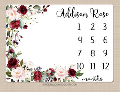 Floral Red Roses Milestone Blanket, Personalized Floral Monthly Growth Blanket Watercolor Blush Pink Red Flowers Baby Shower Gift  B1406