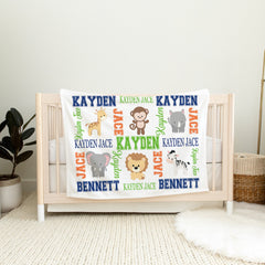 Animals Baby Name Blanket, Safari Jungle Baby Boy Personalized Monogram Blanket Elephant Lion Monkey Giraffe Newborn Baby Shower Gift B366