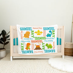 Dinosaurs Baby Name Blanket, Monogram Personalized Names Dinosaur Baby Shower Gift Boy Orange Teal Blue Green Nursery Bedding B356