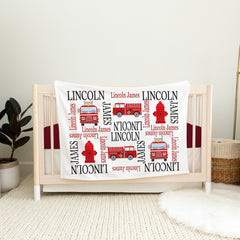 Firetruck Name blanket Baby Boy Firefighter Personalized blanket Fireman Baby Shower Gift Birthday Red Black Fire Truck Nursery Bedding B592