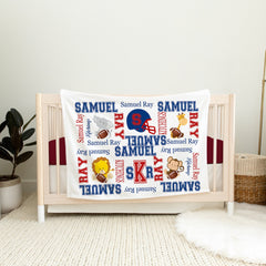 Personalized Safari Animals Sports Baby Name Blanket Football Helmet Monogram Red Navy Blue Sports Blanket Baby Bedding Animals Gift B128