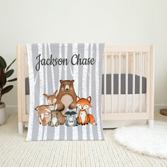 Woodland Animals Baby Boy Name Blanket Birch Trees Gray Bear Fox Raccoon Deer Bunny Owl Baby Shower Gift Nursery Crib Bedding B1116