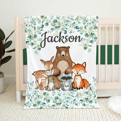 Woodland Animals Baby Boy Name Blanket Eucalyptus Greenery Leaves Trees Bear Fox Raccoon Deer Bunny Owl Baby Shower Gift B1054 Sweet Blooms Design Co