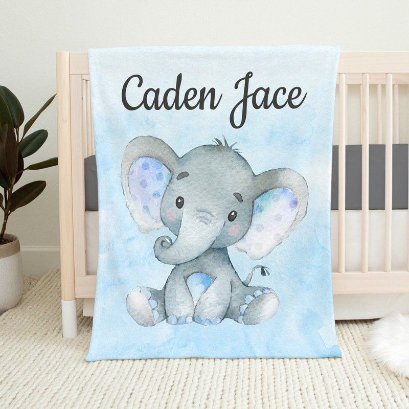 Elephant Baby Boy Name Blanket, Personalized Blue Gray Elephant Baby Boy Blanket Monogram Name Custom Blanket Baby Shower Gift B783 Sweet Blooms Design Co