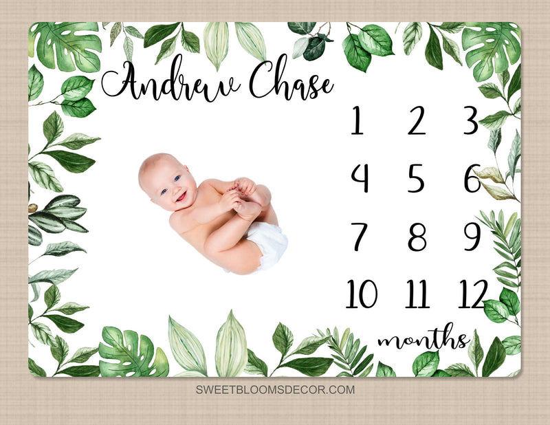 Milestone Blanket, Personalized Monthly Growth Blanket Jungle Tropical Greenery Leaves Newborn Boy Girl Neutral  Baby Shower Gift B1396