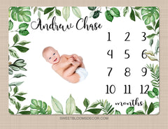 Milestone Blanket, Personalized Monthly Growth Blanket Jungle Tropical Greenery Leaves Newborn Boy Girl Neutral  Baby Shower Gift B1396