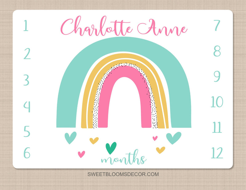 Rainbow Baby Milestone Blanket, Baby Girl  Pink Personalized Monthly Blanket, Newborn Baby Shower Gift, Boho Rainbow Blanket B1454