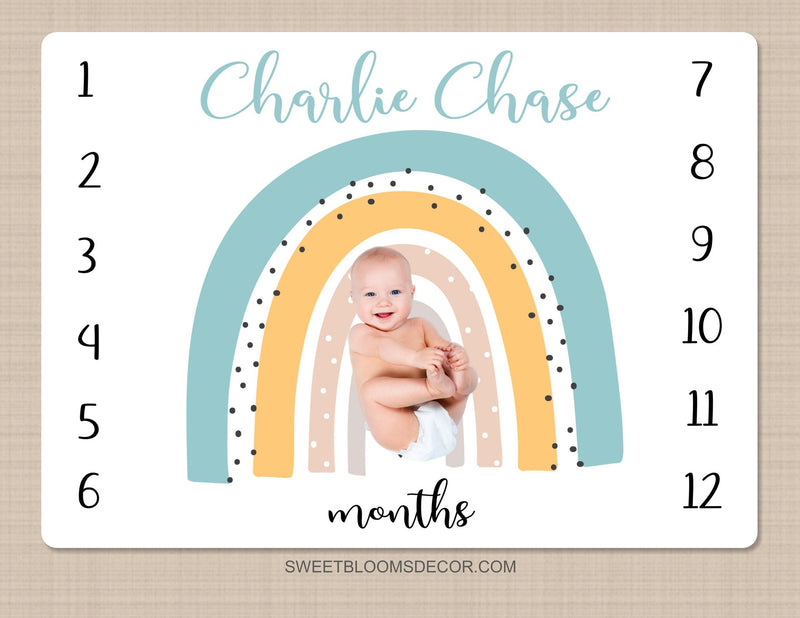 Rainbow Baby Milestone Blanket, Baby Boy Personalized Monthly Blanket, Newborn Baby Shower Gift, Boho Rainbow Blanket B1453