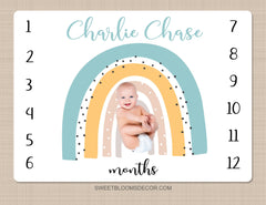 Rainbow Baby Milestone Blanket, Baby Boy Personalized Monthly Blanket, Newborn Baby Shower Gift, Boho Rainbow Blanket B1453