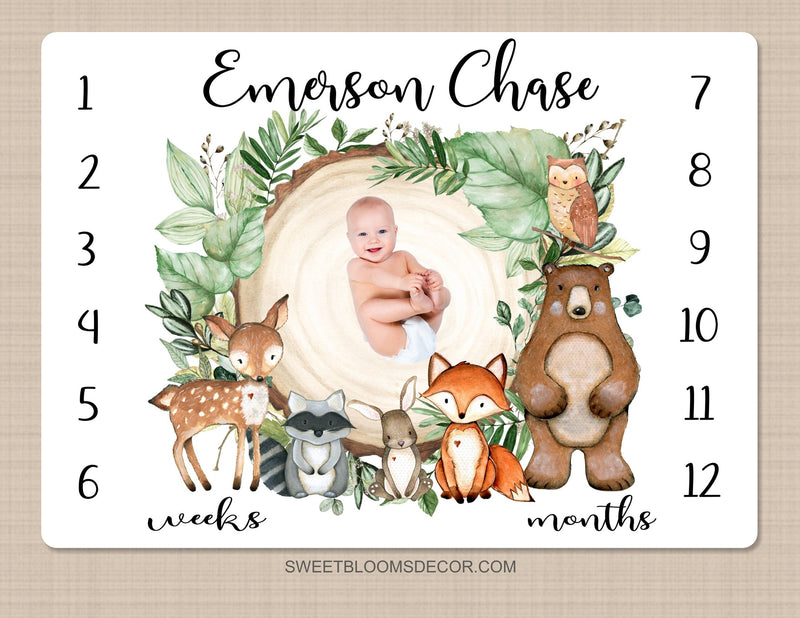 Woodland Milestone Blanket, Personalized Rustic Forest Animals Greenery Log Bear Fox Deer Raccoon Newborn Photo Prop Baby Shower Gift B1456