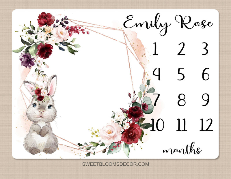 Bunny Floral Milestone Blanket, Watercolor Blush Pink Burgundy Red Roses Personalized Monthly Growth Blanket Flowers Baby Shower Gift  B1461