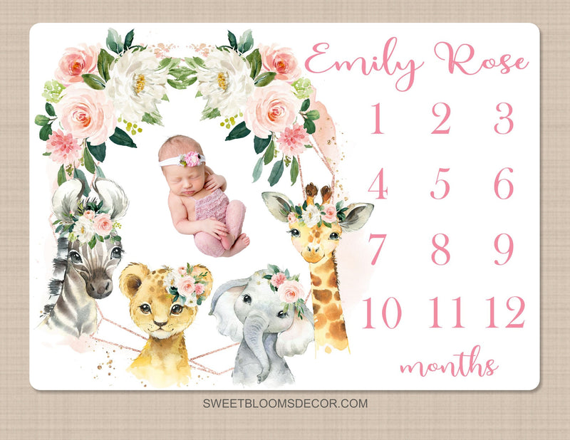 Safari Animals Floral Girl Milestone Blanket, Blush Pink Flowers Monthly Blanket Jungle Animals Personalized Newborn Baby Shower Gift B1462