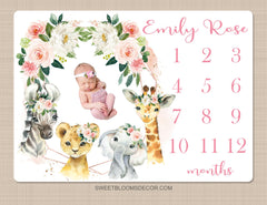 Safari Animals Floral Girl Milestone Blanket, Blush Pink Flowers Monthly Blanket Jungle Animals Personalized Newborn Baby Shower Gift B1462