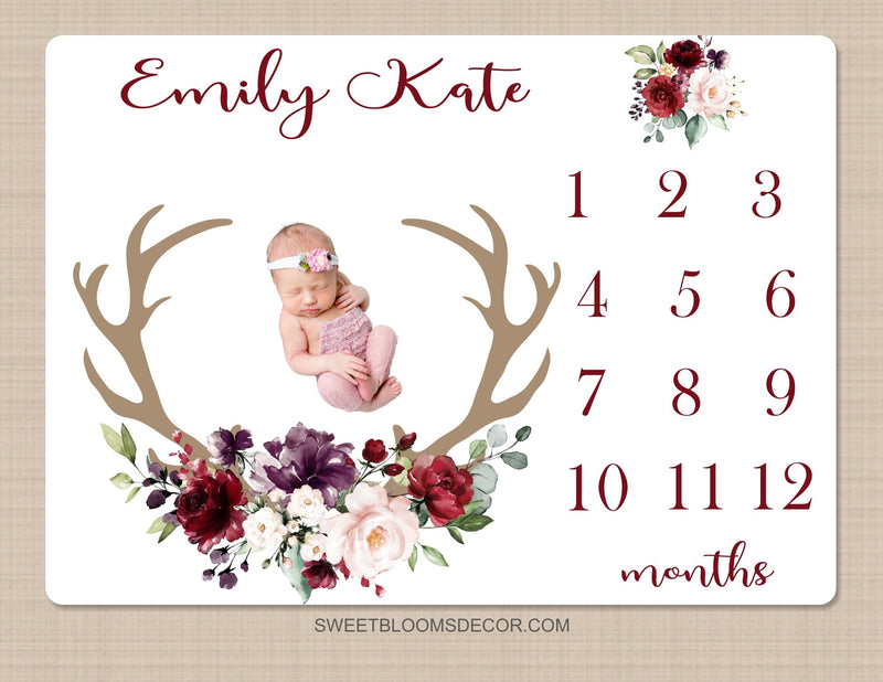 Deer Antler Floral Milestone Blanket, Blush Pink Burgundy Red  Maroon Watercolor Flowers Wreath Baby Name Shower Gift Monthly B1463