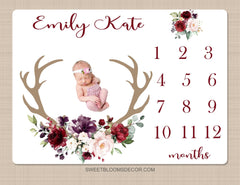 Deer Antler Floral Milestone Blanket, Blush Pink Burgundy Red  Maroon Watercolor Flowers Wreath Baby Name Shower Gift Monthly B1463