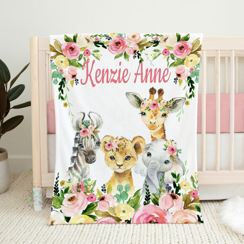 Animals Floral Girl Name Blanket, Blush Pink Flowers Personalized  Safari Jungle Baby Blanket Newborn Baby Shower Gift ,Crib Bedding B1464