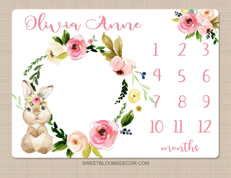 Bunny Milestone Blanket, Blush Pink Flowers Personalized Baby Girl Pink Floral  Monthly Blanket  Newborn Baby Shower Gift  B1465