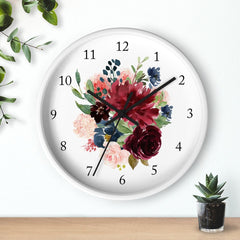 Floral Wall Clock, Blush Pink Navy Blue Maroon Burgundy Red Watercolor Flowers Roses Nursery Wall Clock, Girl Bedroom Wall Decor 119