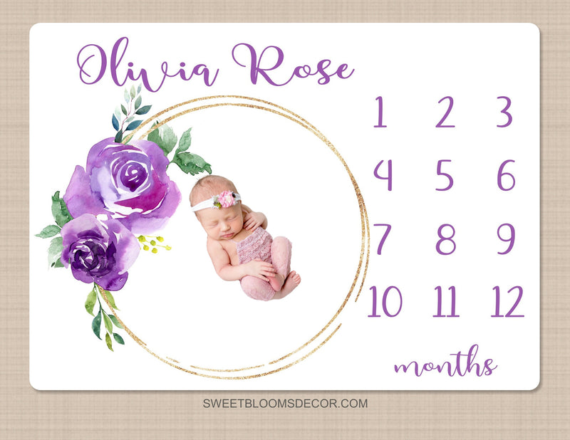 Purple Floral Milestone Blanket, Purple Lavender Flowers Monthly Milestone Growth Tracker Newborn Baby Girl Name Baby Shower Gift B1468