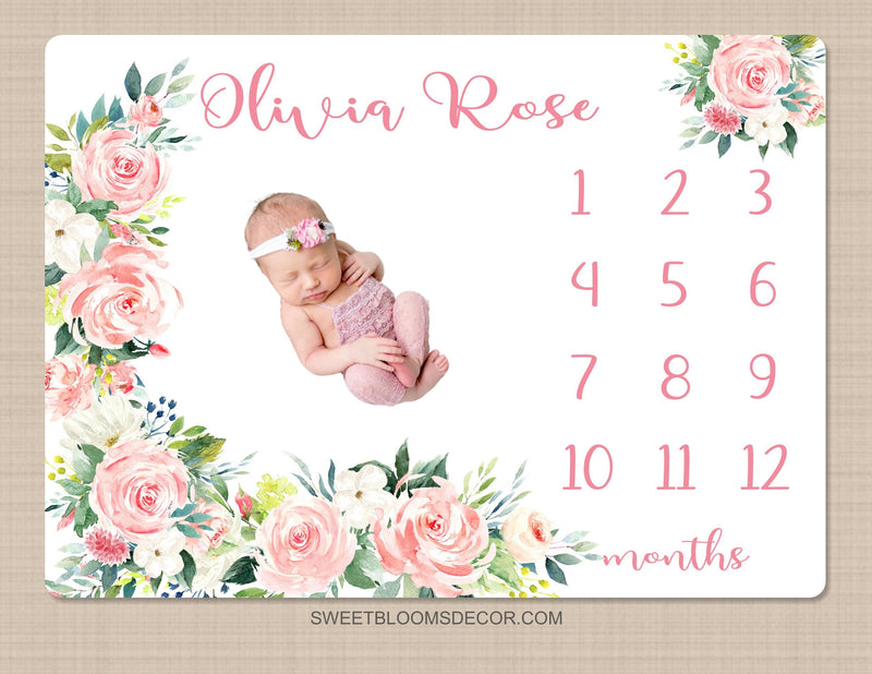 Milestone Blanket, Baby Girl Blush Pink Floral Roses Milestone Monthly Blanket Growth Tracker  Personalized Newborn Baby Shower Gift B1429