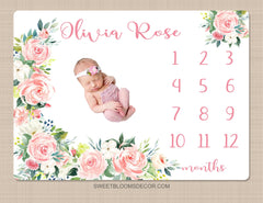 Milestone Blanket, Baby Girl Blush Pink Floral Roses Milestone Monthly Blanket Growth Tracker  Personalized Newborn Baby Shower Gift B1429