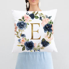 Navy Blue Blush Pink Floral Throw Pillow, Watercolor Flowers Wreath Nursery Bedroom Room Decor Cushion  Monogram Bedding 292