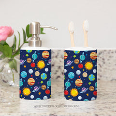 Outer Space Planets theme Toothbrush Holder and Soap Dispenser, Kids Bathroom Decor