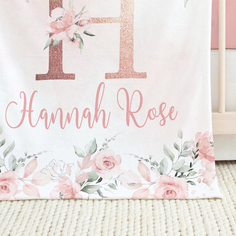 Blush Pink Floral Blanket, Pink Watercolor Flowers Rose Gold Name Blanket, Monogram Baby Girl Personalized Blanket, Baby Shower Gift  B1433