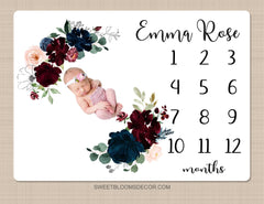 Girl Floral Milestone Blanket, Personalized Baby Name Blanket Burgundy Red Navy Maroon Watercolor Flowers Shower Gift Monthly B1469