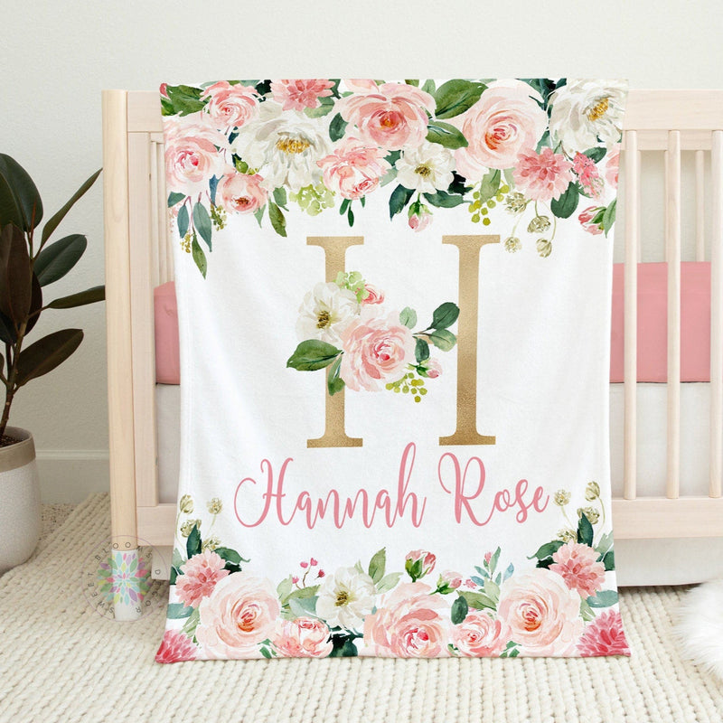 Blush Pink Floral Blanket, Pink Watercolor Flowers Rose Gold Name Blanket, Monogram Baby Girl Personalized Blanket, Baby Shower Gift  B1438