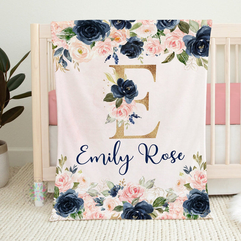 Blush Pink Navy Floral Girl Name Blanket, Watercolor Flowers  Newborn Baby Girl Personalized Blanket, Baby Shower Gift Crib Bedding  B1437