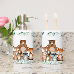 Woodland Animals theme Toothbrush Holder and Soap Dispenser, Kids Bathroom Decor S158