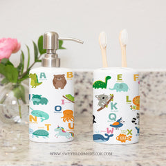 Animals Alphabet Toothbrush Holder and Soap Dispenser Set, Kids Bathroom Decor S136