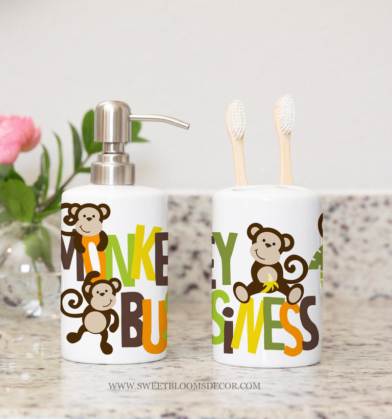 Monkeys Toothbrush Holder and Soap Dispenser Set, Kids Brothers Bathroom Decor S160