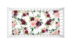 Floral Crib Sheet Blush Pink Burgundy Red Maroon Flowers Shower Gift Nursery C150