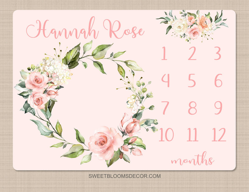 Pink Floral Milestone Blanket, Blush Pink Watercolor Flowers Monthly Milestone Growth Tracker Newborn Baby Girl Name Baby Shower Gift B1443