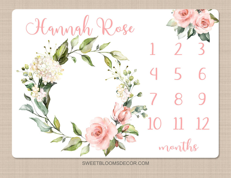 Floral Milestone Blanket, Blush Pink Watercolor Flowers Roses Monthly Milestone Growth Tracker Newborn Baby Girl Name Baby Shower Gift B1442