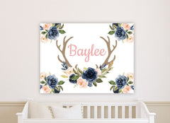 Deer Antlers Floral Girl Nursery Name Sign Wall Art Blush Pink Navy Blue Watercolor Flowers  Personalized  Baby Bedroom Decor CANVAS C989