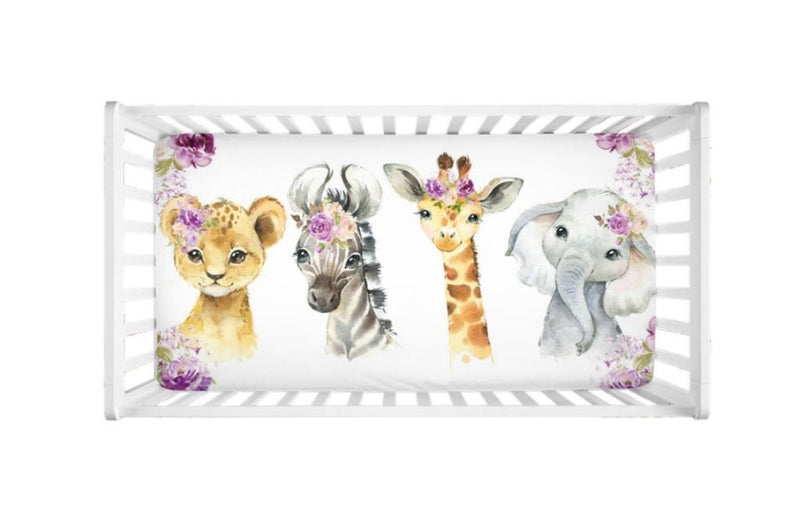 Jungle Safari Animals Floral Crib Sheet Purple Lavender Lilac Flowers Newborn Baby Shower Gift Nursery  C151