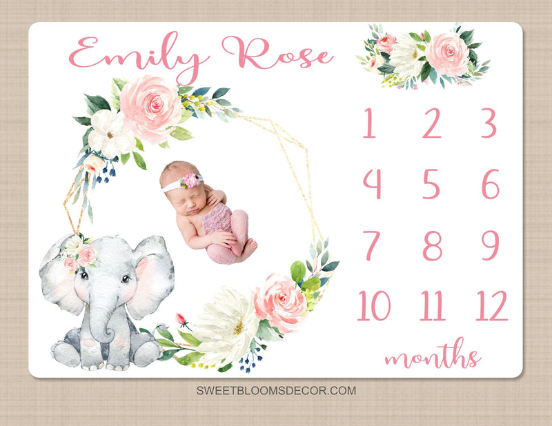 Baby Elephant Floral Milestone Blanket, Blush Pink Flowers Roses  Monthly Growth Tracker Newborn Baby Girl Name Baby Shower Gift B447