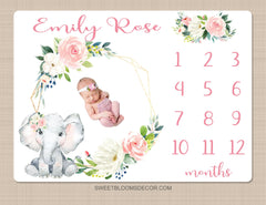 Baby Elephant Floral Milestone Blanket, Blush Pink Flowers Roses  Monthly Growth Tracker Newborn Baby Girl Name Baby Shower Gift B447