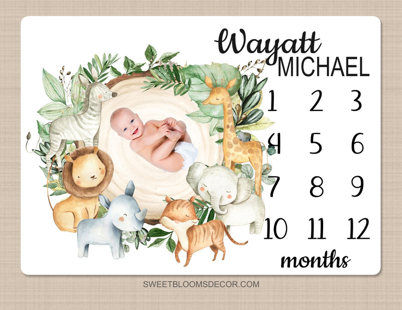 Safari Animals Milestone Blanket, Jungle Greenery Eucalyptus Leaves Personalized Monthly Blanket, Newborn Baby Shower Gift Elephant B1449