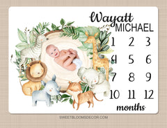 Safari Animals Milestone Blanket, Jungle Greenery Eucalyptus Leaves Personalized Monthly Blanket, Newborn Baby Shower Gift Elephant B1449