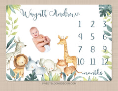 Jungle Animals Milestone Blanket, Safari Animals Greenery Personalized Monthly Blanket, Newborn Baby Shower Gift Elephant Lion Giraffe B1450