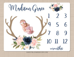 Deer Antler Floral Milestone Blanket, Blush Pink Navy Blue Watercolor Flowers Wreath Baby Name Shower Gift Baby Girl Monthly BlanketB1475