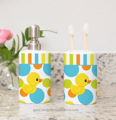 Yellow Duck Toothbrush Holder and Soap Dispenser Set, Kids Baby Bathroom Decor S109