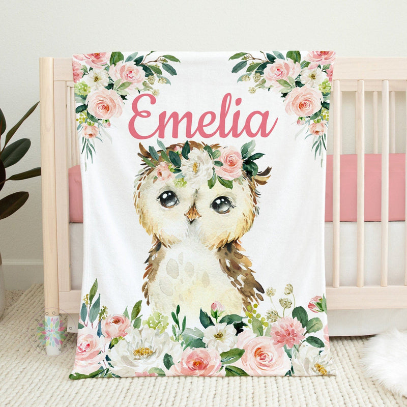 Owl Floral Baby Blanket, Blush Pink Watercolor Flowers Baby Girl Name Blanket, Baby Shower Gift, Newborn Gift, Nursery Crib Bedding  B1269