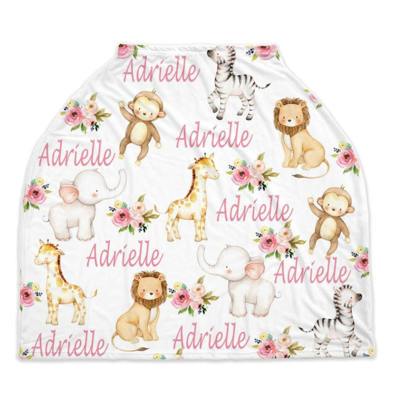 Safari Animals Baby Girl Car Seat Canopy Cover Jungle Animals Pink Flowers Baby Shower Gift Shopping Cart Highchair Nursing Privacy Cover