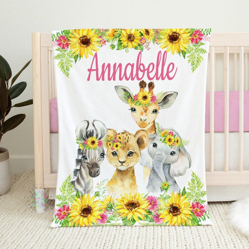 Animals Baby Girl Name Blanket Sunflowers Pink Floral Personalized Blanket Newborn Monogram Flowers Baby Shower Gift Crib Bedding B1451